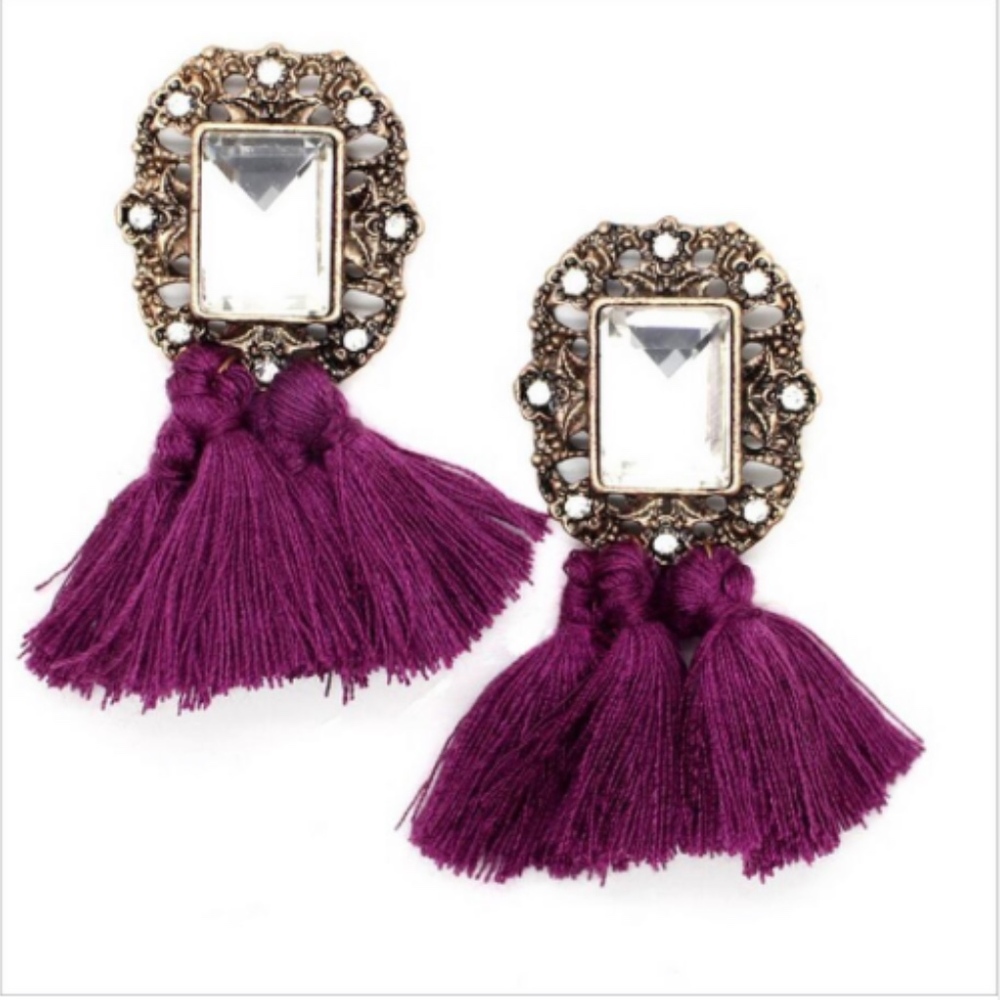 Purple Fringe Tassel Gemstone Stud Dangle Earrings - Picture 4 of 7